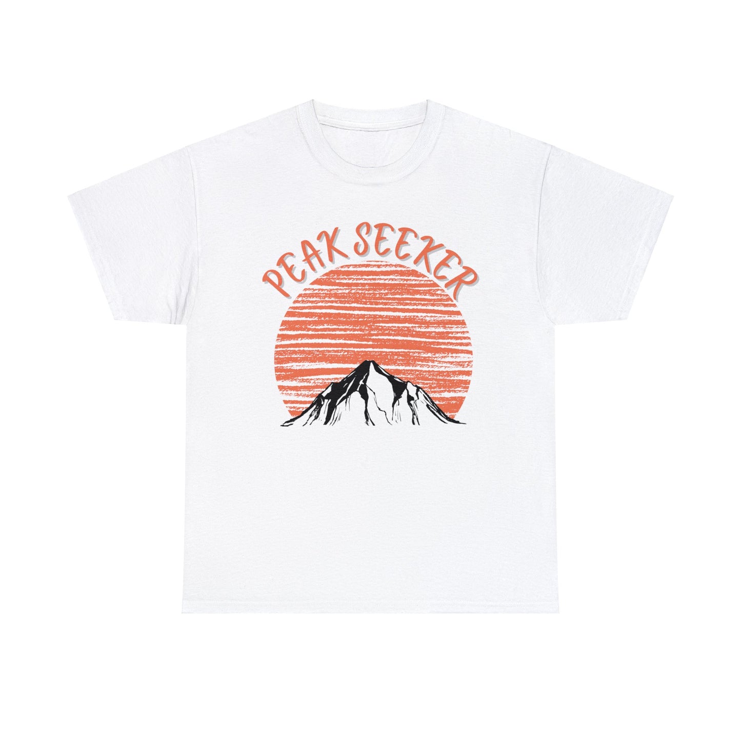 Peak Seeker T-Shirt - NOT SOLD IN STORES - Orange Sunrise Sunset Moonrise Mountain Climber, Hiker, Trekker, Adventurer, Hiking, Trekking, Adventure, Mountain Climbing
