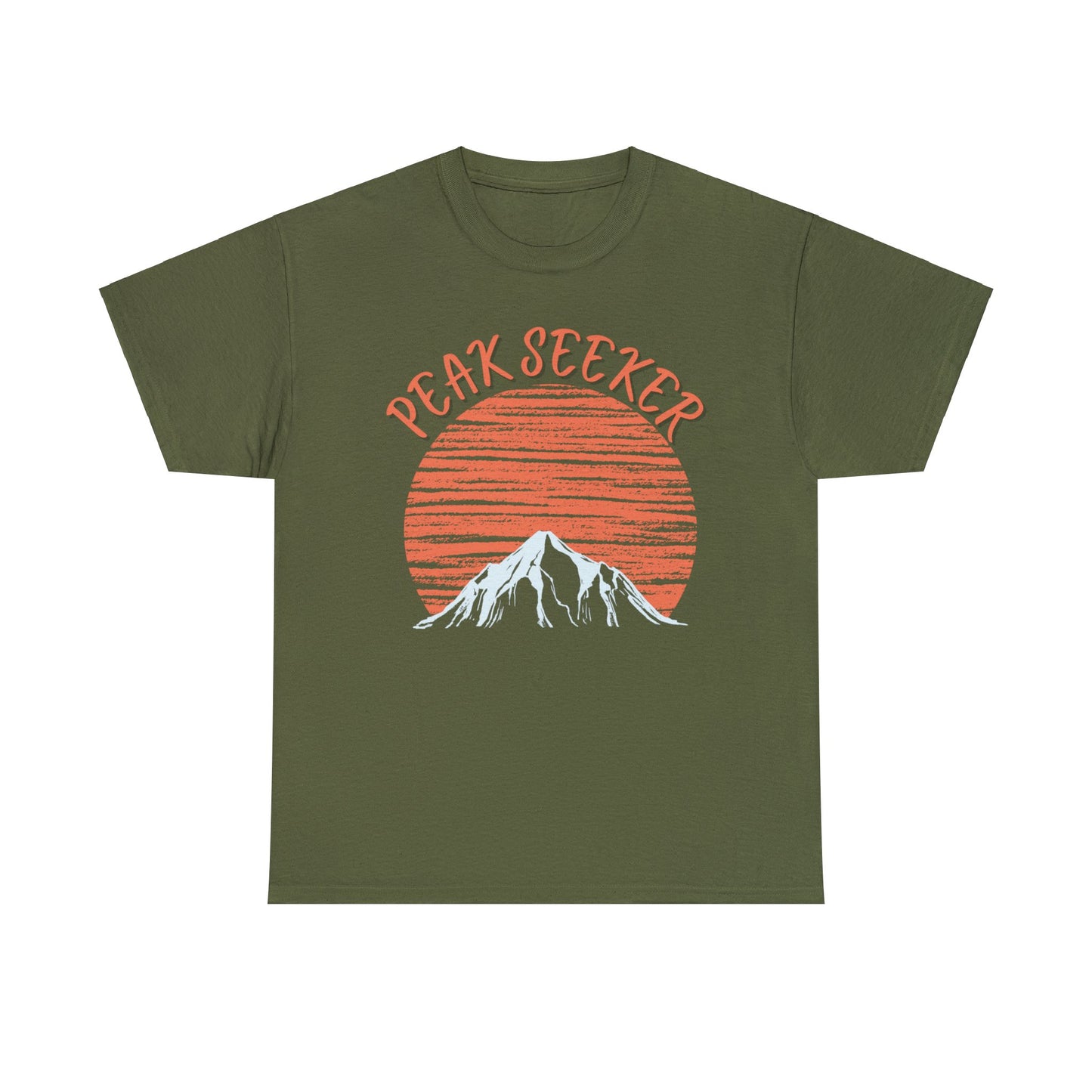 Peak Seeker T-Shirt - NOT SOLD IN STORES - Orange Sunrise Sunset Moonrise Mountain Climber, Hiker, Trekker, Adventurer, Hiking, Trekking, Adventure, Mountain Climbing