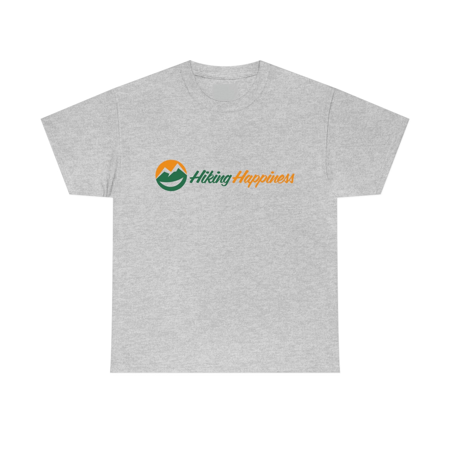 A sport grey cotton t-shirt on a white background. The t-shirt has the Hiking Happiness logo with the the Smiling mountain circle and the words Hiking in green and Happiness in orange.