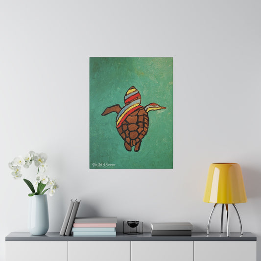 Sea Turtle - The ART OF SUMMER COLLECTION sea green background with a Brown sea turtle with yellow, green, red stripes on it's head, back, and right fin. The turtle's head is towards the top.