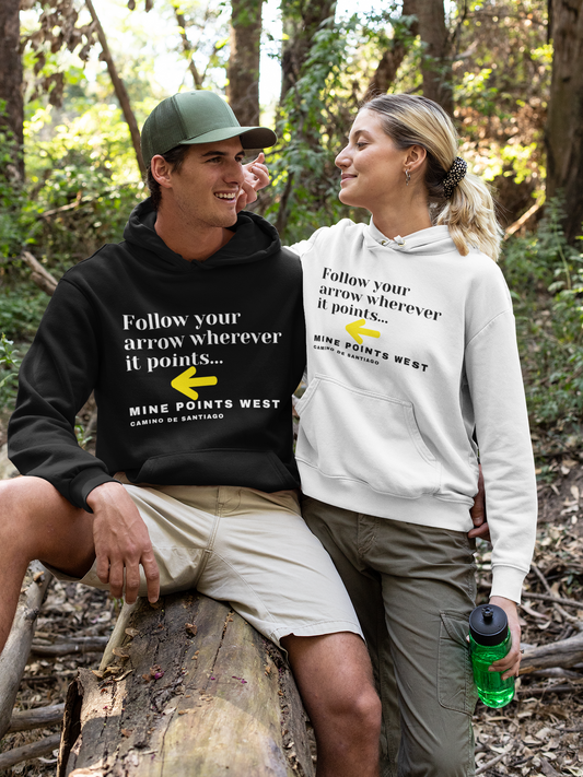 Camino Frances Hiking Hoodie being modeled by a couple. The male is wearing the black hiking hoodie and the female on the right is wearing a white hiking hoodie .